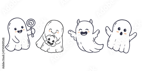 set of cute halloween ghosts. Collection ghost in doodle style. Vector illustration