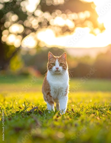 Ginger cat walks in a grassy field at golden hour