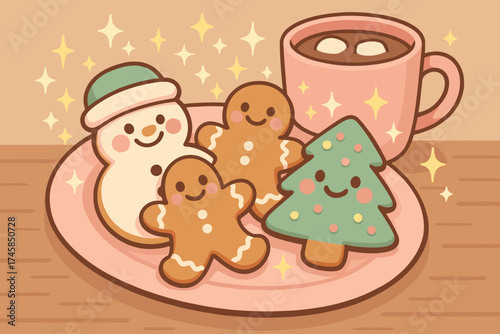 Gingerbread cookies and hot chocolate on a pink plate for Christmas  
