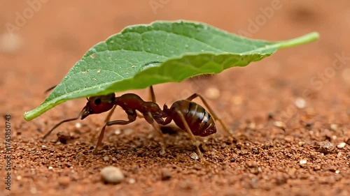 Tiny ant carries a large green leaf over its back, showcasing incredible strength and determination.