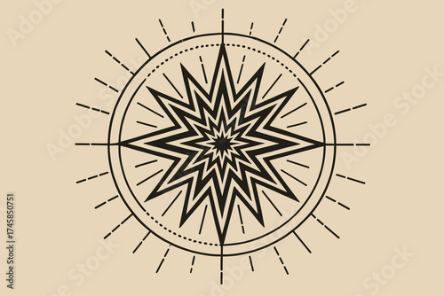 Compass rose graphic design in black on beige background  
