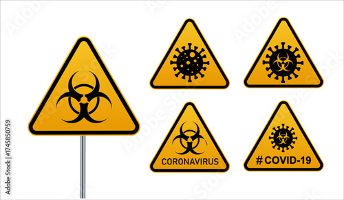 Coronavirus warning sign in a triangle and warning tape vector illustration. Coronavirus in Europe. Chinese virus outbreak. Global epidemic of COVID-2019.