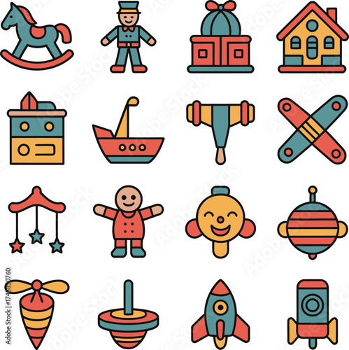 Array of vintage-style toy icons set