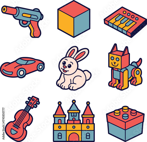 Assortment of colorful isometric toy illustrations on white background