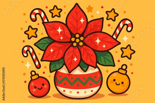 Poinsettia plant with Christmas ornaments and candy canes on yellow background  