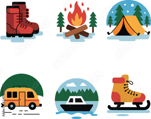 Outdoor Winter and Summer Activities Icons Set