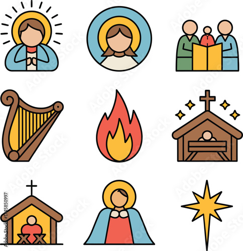 Religious nativity scene icons and symbols on white background