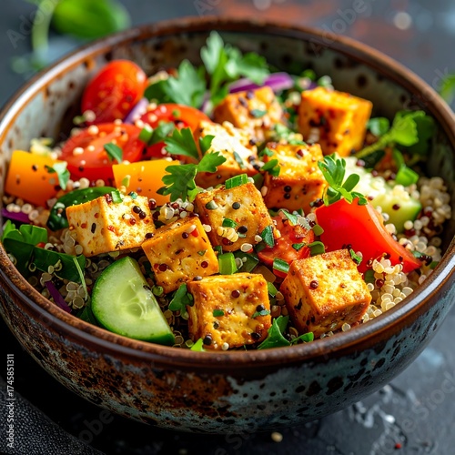 Colorful quinoa bowl with seasoned tofu and vegetables