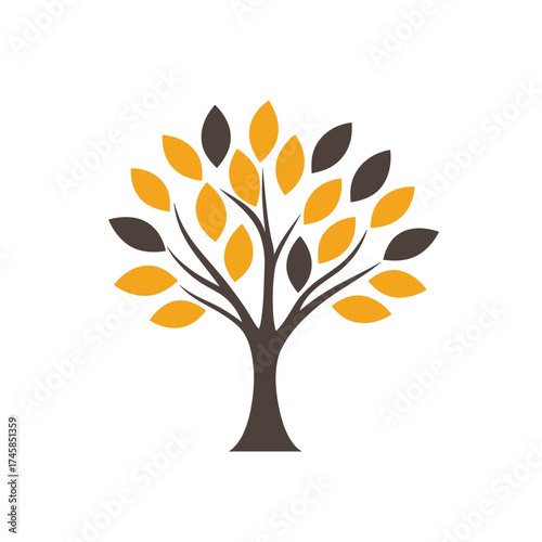 Elegant curved tree logo with yellow and gray leaves