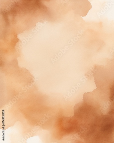 Warm sepia watercolor background with soft cloud-like washes on textured paper and light center copy space. Abstract handmade wash, natural earth tones, subtle artistic texture.
