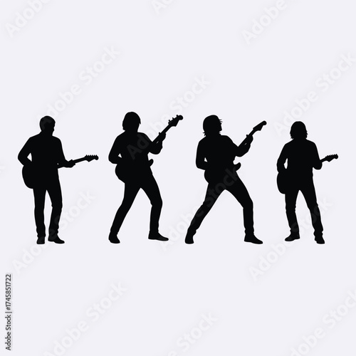 Four musicians playing guitars in dynamic poses a striking silhouette