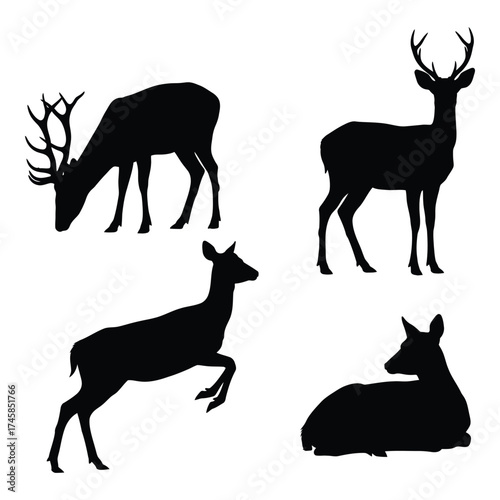 Detailed black silhouettes of majestic deer in various poses silhouette