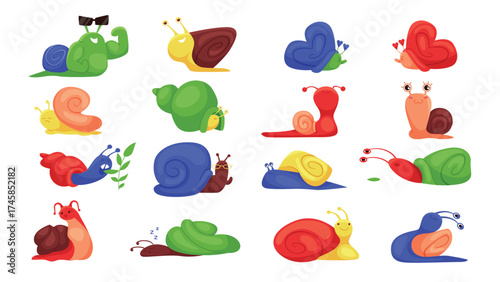 Cute snails set. Rainbow garden slugs crawl and eat leaf, sleep and show strong muscles and eye on antenna, shell house of different color, sad and happy expression cartoon vector illustration