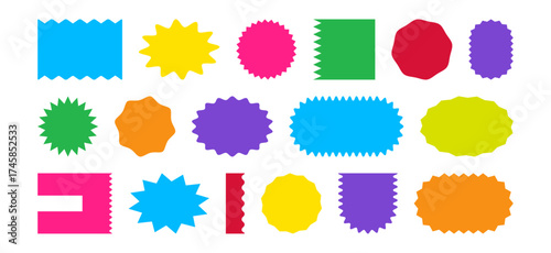 Shape sticker icon, star burst label. Round bubble price tag badge. Retro discount stamp, color empty best sale coupon. Circle, rectangle, oval set isolated on white bg. Simple vector illustration