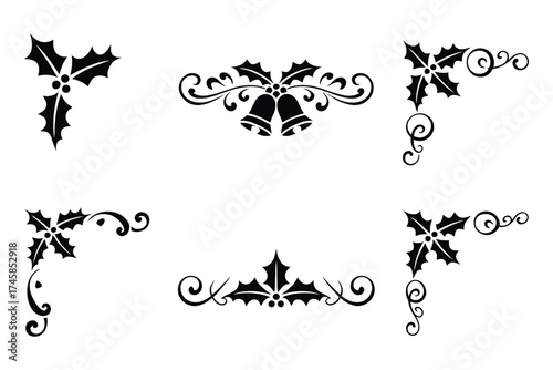 Christmas holly berry and bell decorative border isolated on white background