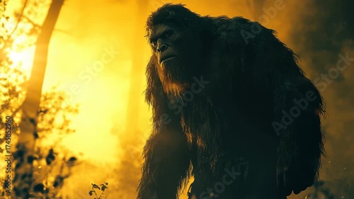 Mysterious creature in a foggy forest during sunset with golden light filtering through trees