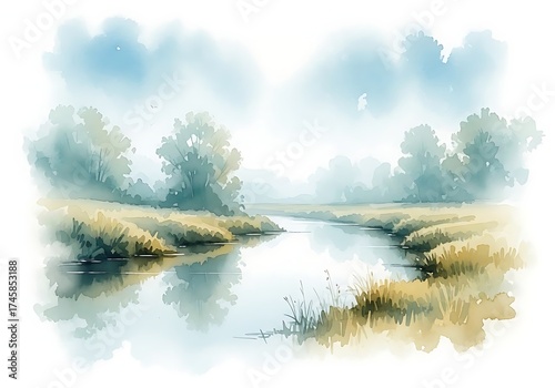 Tranquil River Scenery for Nature and Serenity themed Design Projects. Calming Watercolor Painting for Backgrounds and Wall Art Prints.