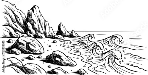 Seashore landscape sketch.  rocky coast and ocean waves vector.