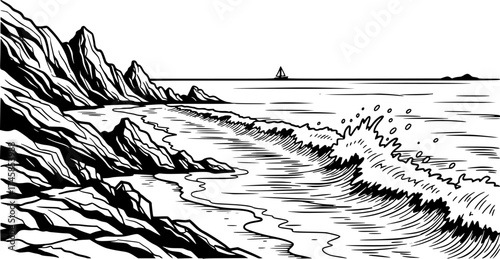Seashore landscape sketch.  rocky coast and ocean waves vector.
