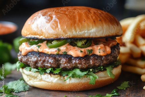 Spicy jalapeno burger with pepper jack cheese and sriracha mayo