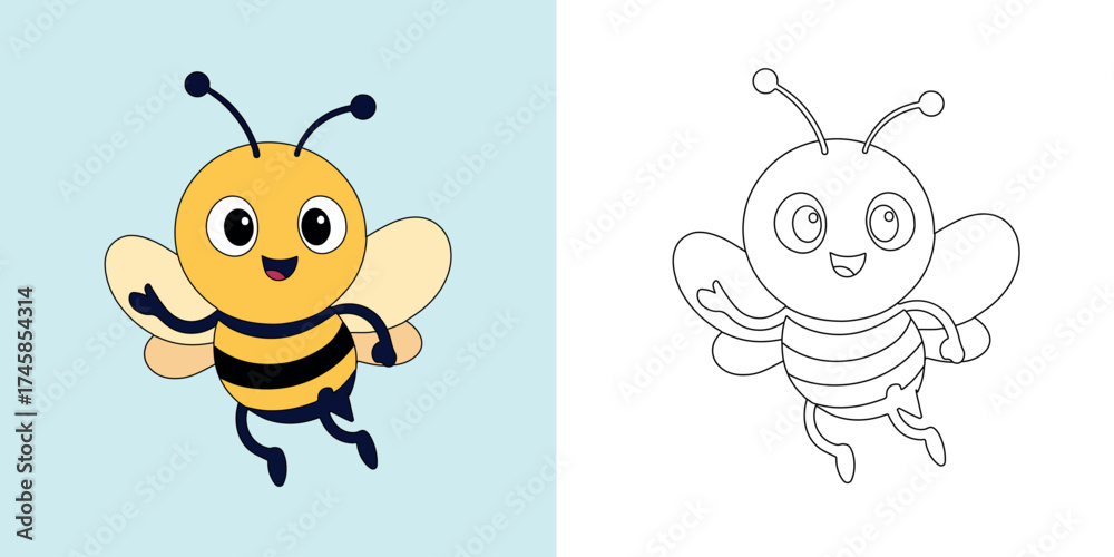 Fototapeta premium Cute Cartoon Bee Vector – Color and Outline Version | Fun Kids Illustration