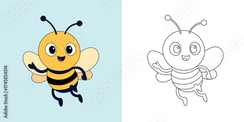 Cute Cartoon Bee Vector – Color and Outline Version | Fun Kids Illustration