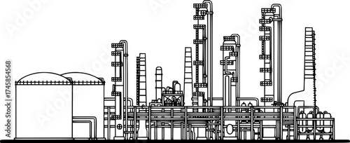 Industrial oil refinery sketch with tanks and pipes, schematic line art, isolated on white.
