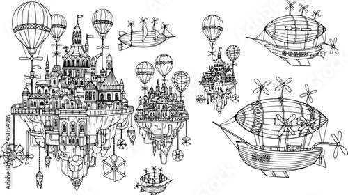 Floating sky city sketch. Uncharted steampunk world with airships, vector isolated on white.
