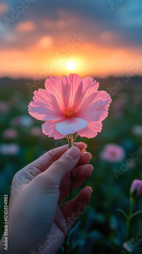 Hand holding a pink flower at sunset in a blooming field of flowers