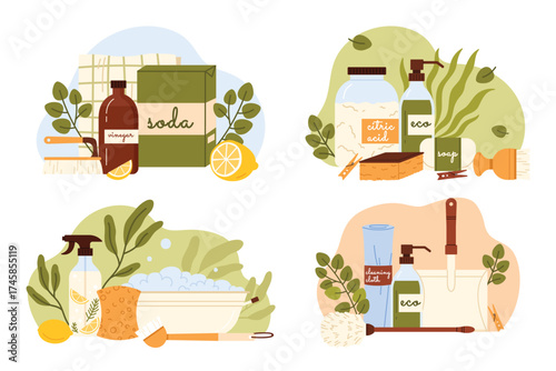 Eco friendly and natural cleaning products set. Vinegar bottle and soda, wooden brush and dustpan, cloth and sponge, safe soap and supplies to clean and wash household cartoon vector illustration
