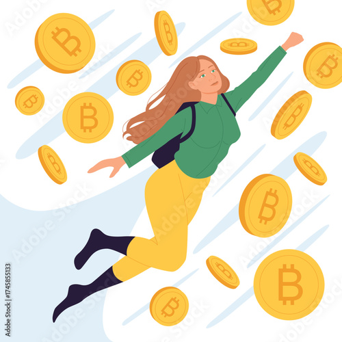 Bitcoin investment success, cryptocurrency market growth, fintech. Happy woman superhero, professional trader or investor flying among crypto gold coins, invest in future cartoon vector illustration