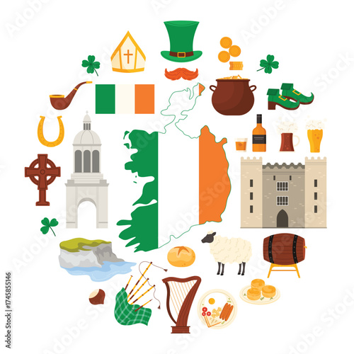 Irish holiday elements and flag, Cliffs of Moher landscape and whiskey, beer cartoon vector illustration. Travel to Ireland, culture and landmarks, food and St Patrick Day in round infographic banner