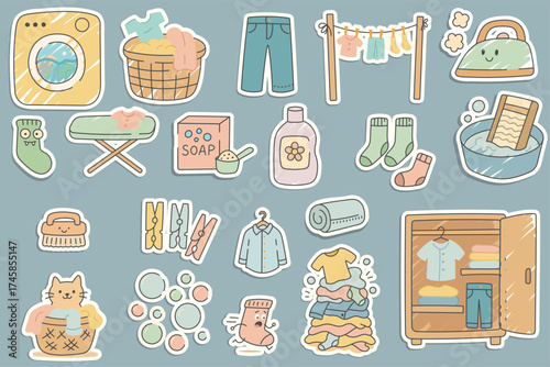 Cute Laundry Stickers set with washing machine, clothes, socks, detergent and household items in cartoon style