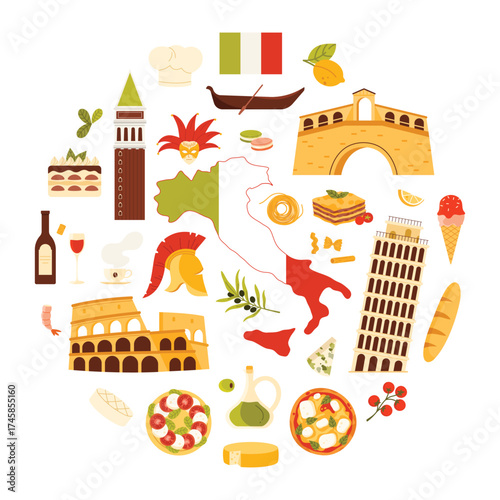 Italian culture and old heritage landmarks, carnival mask and gondola of Venice, pizza and tiramisu, text and decoration in circle cartoon vector illustration. Travel to Italy round banner design