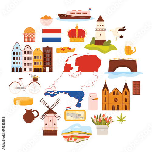 Tulips and bike, wind mill and cheese, clogs in circle cartoon vector illustration. Holland culture elements and landmarks of Amsterdam, flag and map of Netherlands in round infographic banner