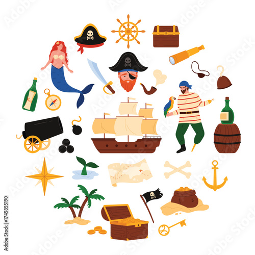 Pirate treasures and corsairs ship adventure in round banner design. Captain and sailor with parrot, mermaid characters, crossbones on flag, map and chest in circle pattern cartoon vector illustration