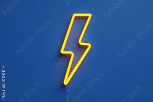 Vibrant yellow neon lightning bolt sign glowing brightly on a solid blue background