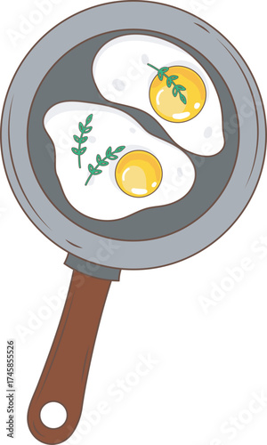 A frying pan with fried eggs and herbs