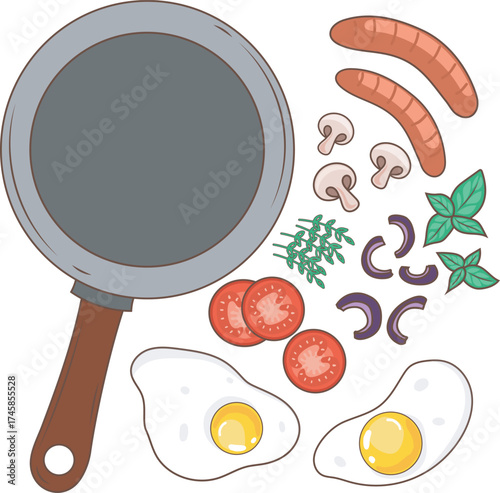 Frying pan and various foods