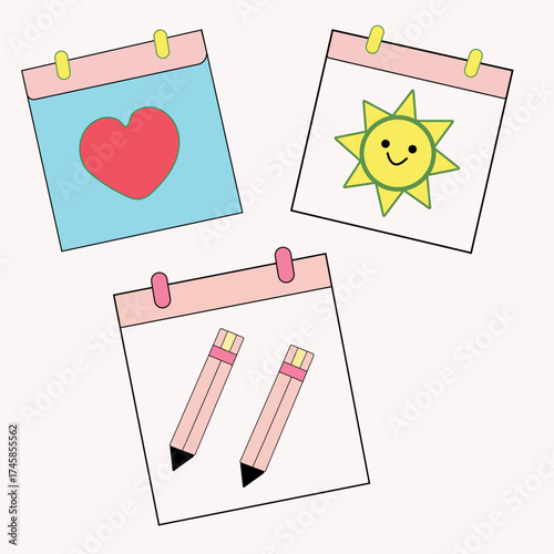 Calendar icons with heart sun and pencils Vector