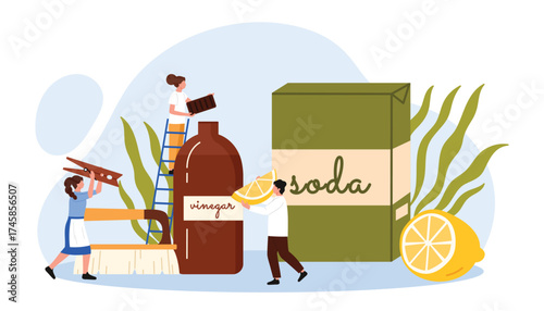 Eco friendly cleaning service with biodegradable cleaners and natural ecologic detergents. Tiny specialists clean dirty household surfaces with organic vinegar and soda cartoon vector illustration