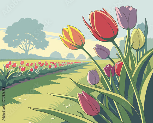Realistic Tulip Garden in Morning Sunlight | Tulip Flower Bed in Fresh Morning Light