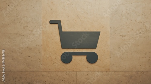 Modern shopping cart icon on textured stone wall, symbolizing commerce and retail