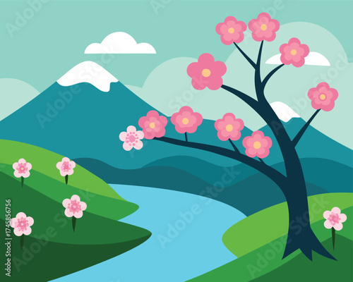 Sakura Blossoms by a River Illustration | Japanese Cherry Blossom by Riverside Scene