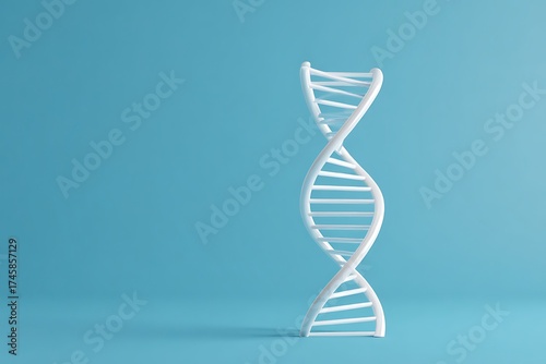 Elegant white DNA helix model stands against clean blue background, symbolizing science and life