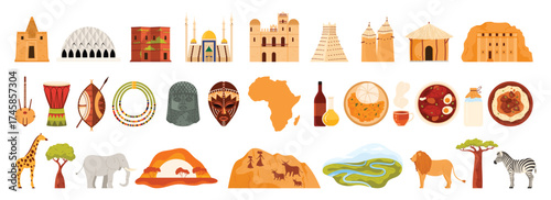 Travel to Africa, African culture design elements, cuisine and landmarks, nature set. Maasai necklace and djembe, mosque and huts, shield and spear, Benin Bronze head cartoon vector illustration
