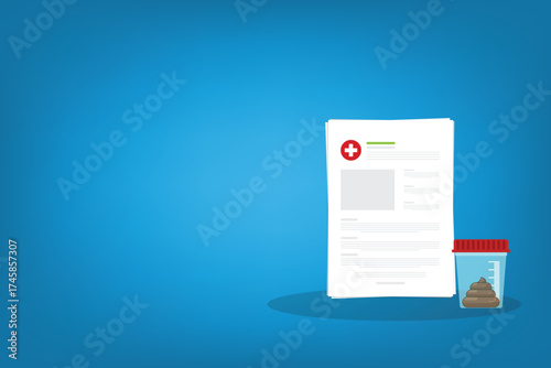 Stool analysis. Stool test icon. Medical sample in a glass tube and clipboard. Laboratory container with excrement. Vector illustration flat cartoon design.	