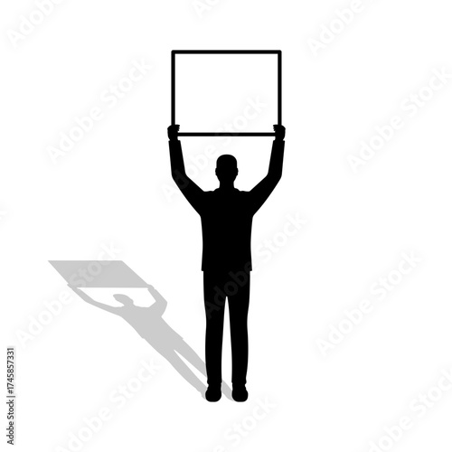Black silhouette with shadow of a man holding a blank square banner over his head