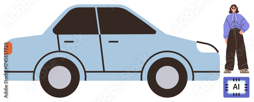 Blue car with AI emblem and woman in casual attire, representing innovation, smart technology, mobility, and lifestyle. Ideal for AI, transportation, tech innovation, automation modern lifestyle