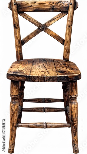 Aged Wooden Chair with Intricate X Back Design Against White Background